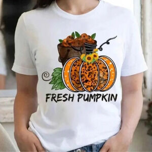 Pumpkin print women white T-shirt size L